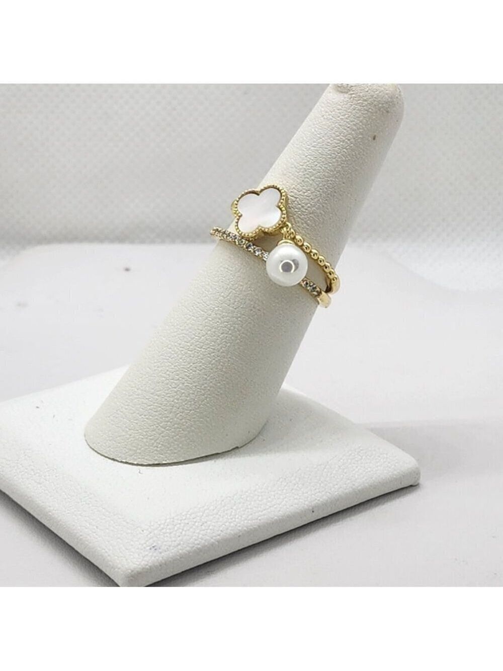 Brand New Sterling Silver 925 White Opal Clover Pearl 2 pc Ring - Picture 4 of 5